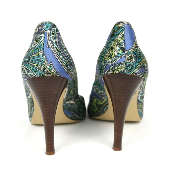 Marc Fisher Paisley Satin Open Toe Heels Pumps Stilettos Blue Green Slip On - 6 - Picture 4 of 7